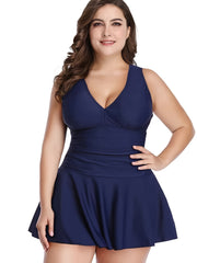 Deep V Neck Solid Swimsuit Two Piece Set Women's Plus