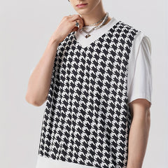 Houndstooth Pattern Vest Men's Casual Vintage Style V Neck Waistcoat