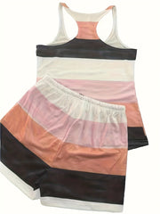 Striped 2pc Set Tank Top & Elastic Waist Shorts Outfit Women's Clothing