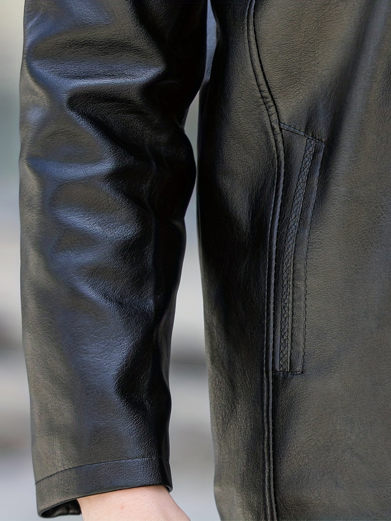 Men's Fleece PU Leather Jacket Button Up Fur Collar Warm Winter Coat