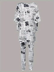 Newspaper Print Layered Top & Leggings Outfit Set