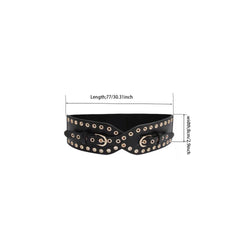 Stylish Eyelet Hollow Out Belt Double Pin Buckle Elastic PU Leather Wide Belt