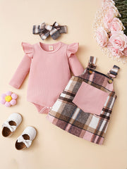 Baby Girls Cotton Ribbed Flutter Sleeve Bodysuit Plaid Suspender Skirt Set