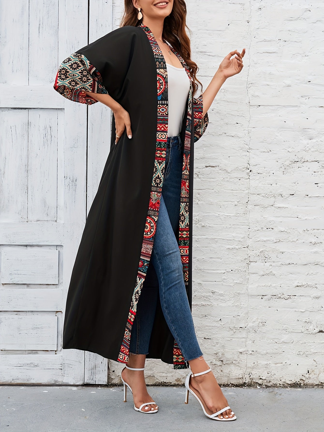 Geometric Pattern Contrast Band Beach Cover Up Half Sleeve Sun Protection