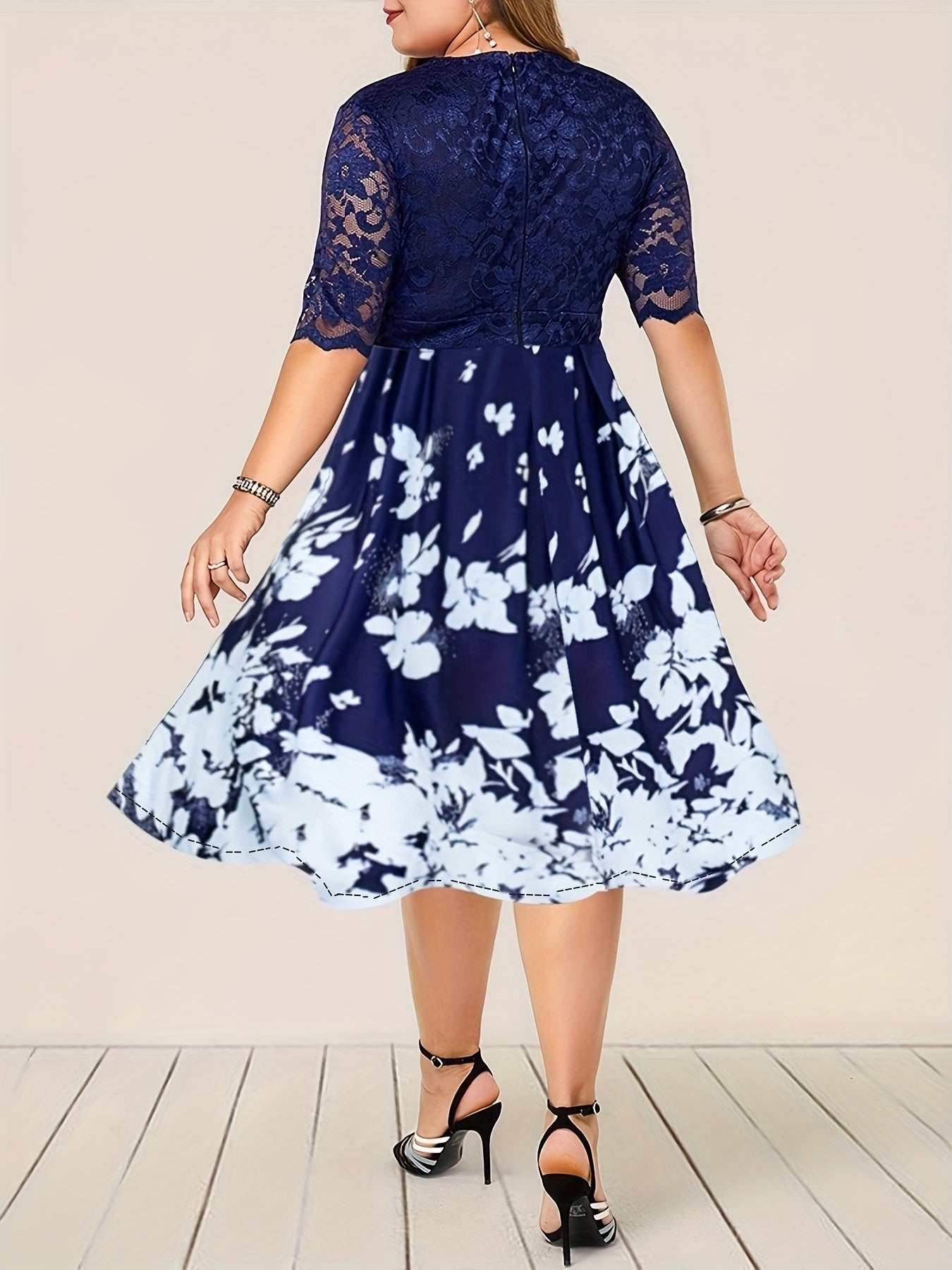 Casual Dress Women's Plus Floral Print Lace Sleeve Midi Party Dress
