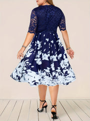 Casual Dress Women's Plus Floral Print Lace Sleeve Midi Party Dress