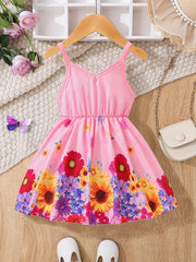 Flower Print Pleated Cami Dress for Girls