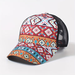 Vintage Ponytail Trucker Hat Boho Geometric Print Baseball Cap