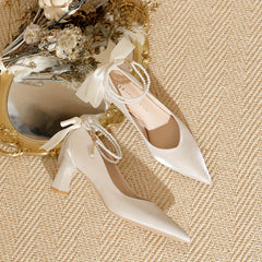 Pearl Chain Chunky Heels Pointed Toe Wedding Shoes