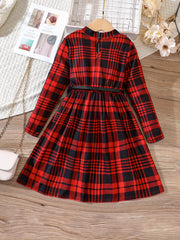 Plaid Print Long Sleeve Dress for Girls