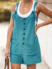 Casual Romper Plain Button Up Tie Shoulder Slight Stretch Romper