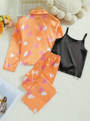 3pcs Heart Pattern Girl's Satin Pajamas Set Top & Cami & Pants