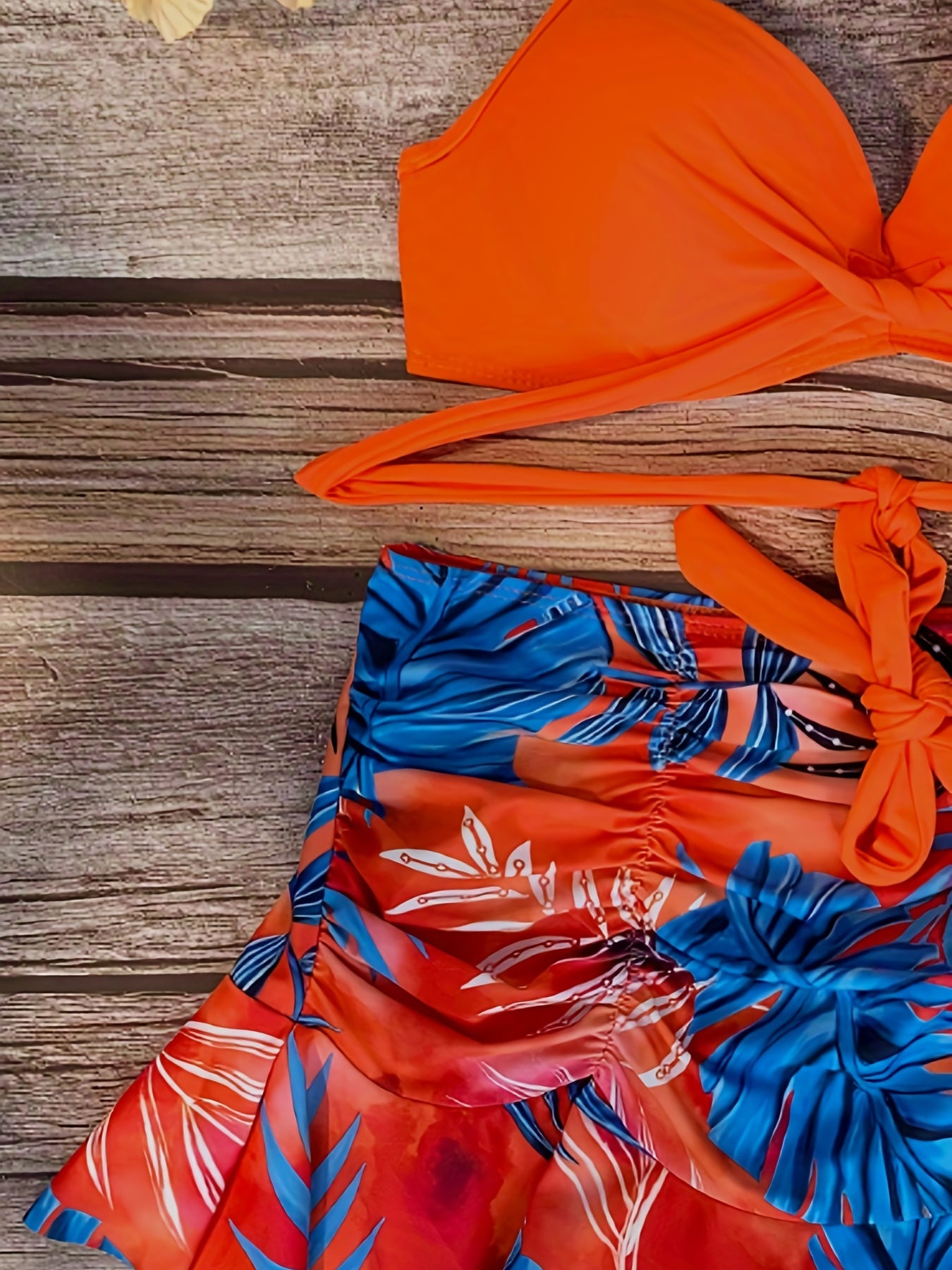 Leaf Print Ruched Skirted Swimsuit Set Tangerine Criss Cross 2 Piece Bikini