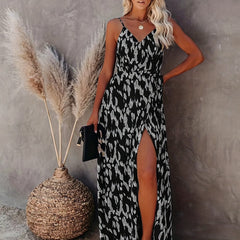 Allover Print V Neck Maxi Wrap Dress