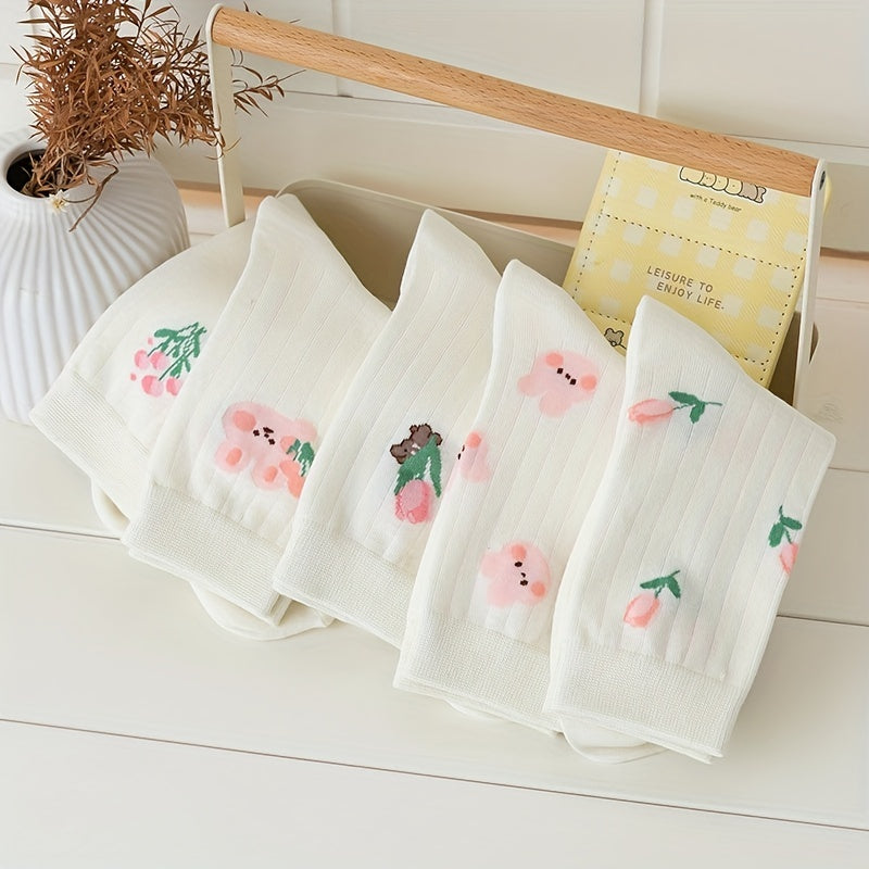 5 Pairs Floral Print Socks Comfy & Breathable Women's Stockings