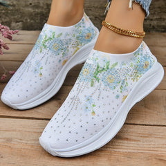 Women's Rhinestone Floral Print Slip-On Sneakers