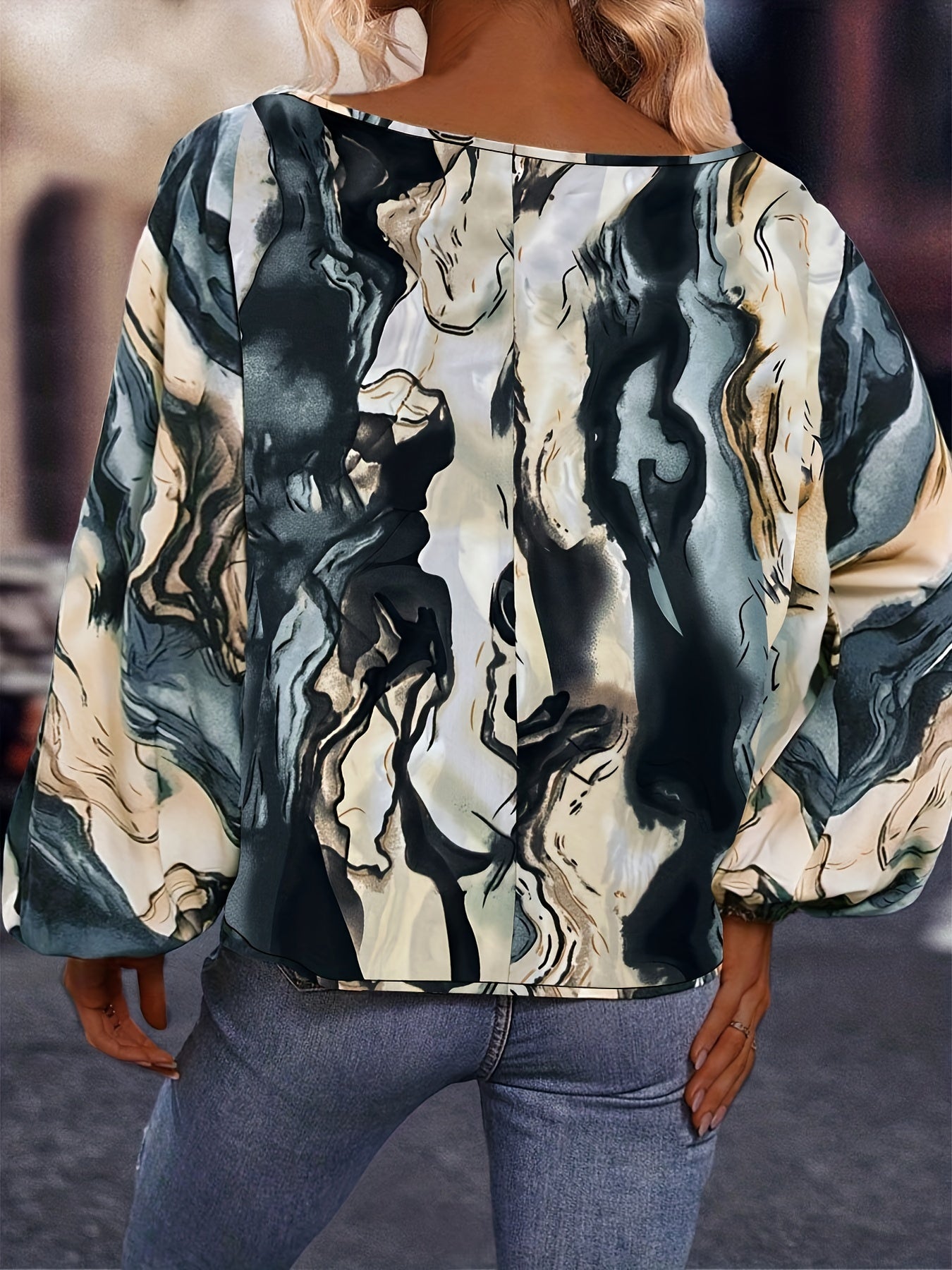 Marble Print Lantern Sleeve Casual Blouse