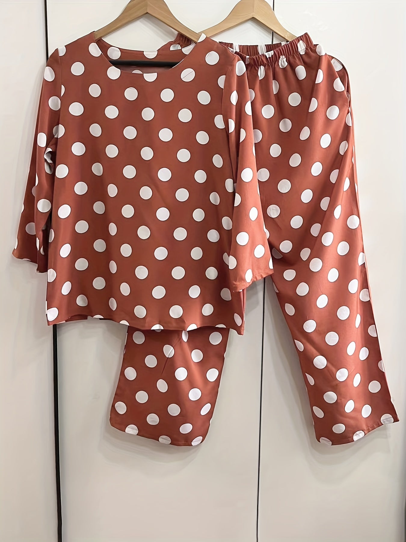 Polka Dot Print Two piece Set Long Sleeve Tops & Wide Leg Pants