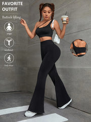 2Pcs Solid Asymmetrical Neck Crop Top & High Waist Seamless Running Pant Set