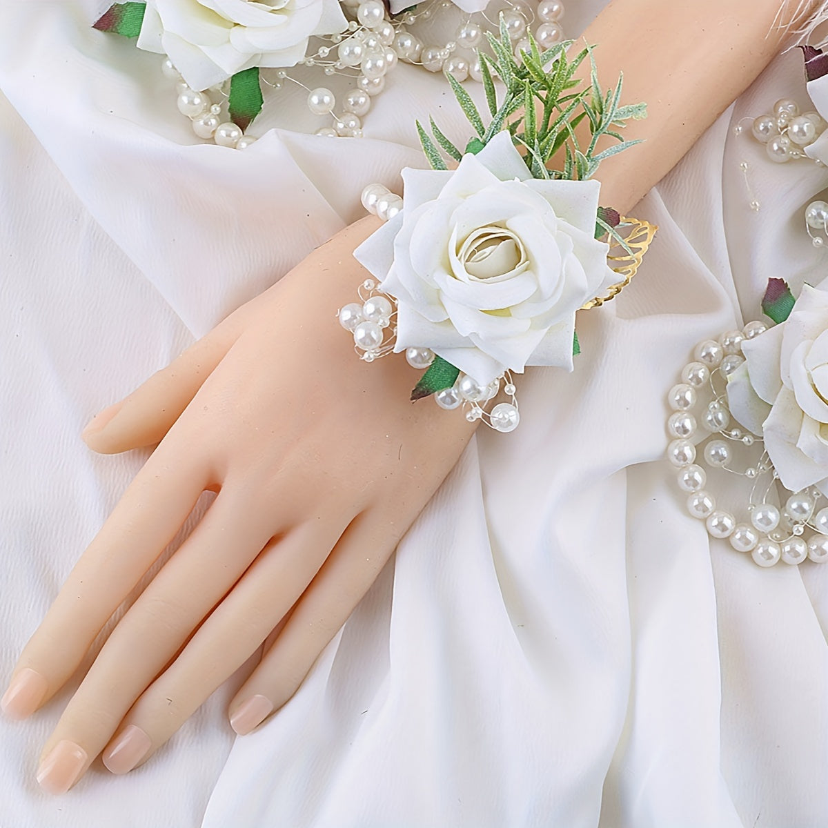 Simulation Flower Wrist Band Faux Pearl Beaded Bridal Wedding Accessory