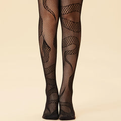 Snake Pattern Fishnet Tights High Waist Hollow Out Mesh Pantyhose