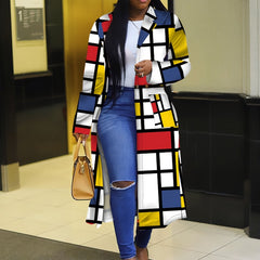 Y2K Geo Print Lapel Long Coat Women's Outerwear