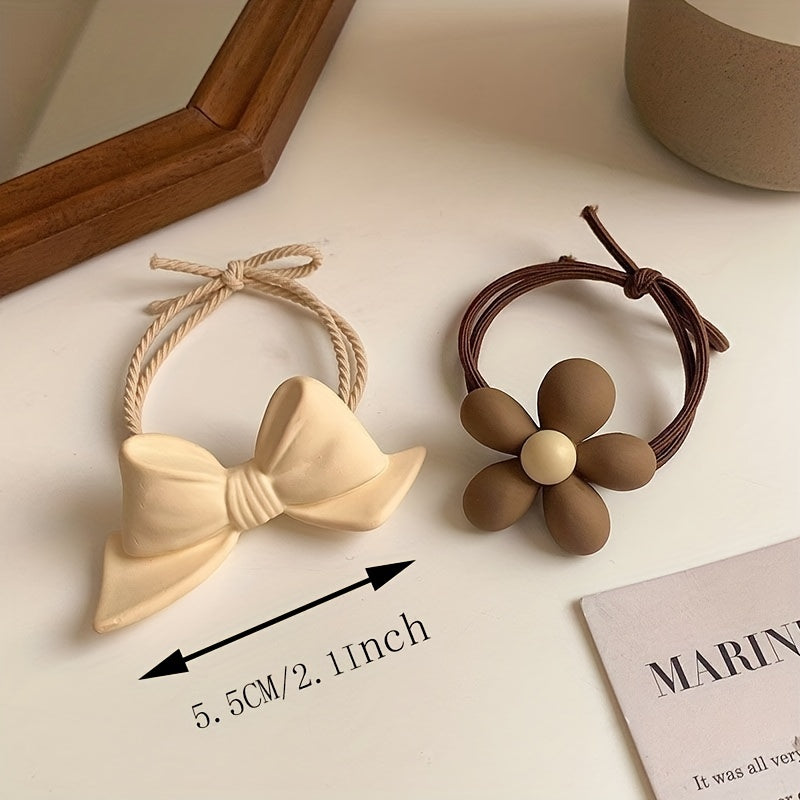 7pcs Bear Head Elastic Rubber Band Girls Bow Tie Hair Tie Coffee Hair Elastic