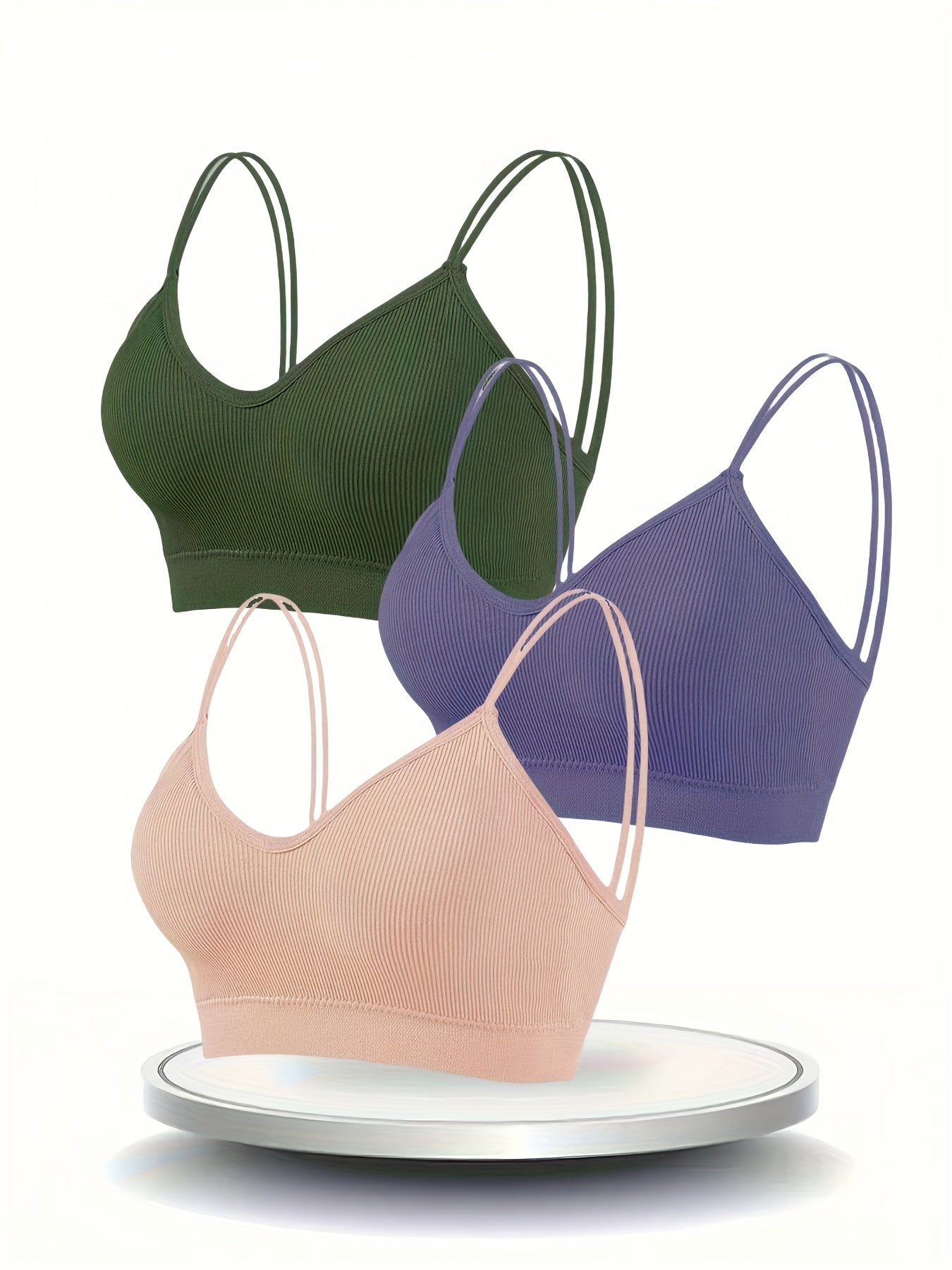 3pcs Solid Ribbed Wireless Bras Double Straps Lingerie