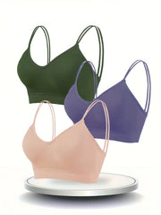 3pcs Solid Ribbed Wireless Bras Double Straps Lingerie