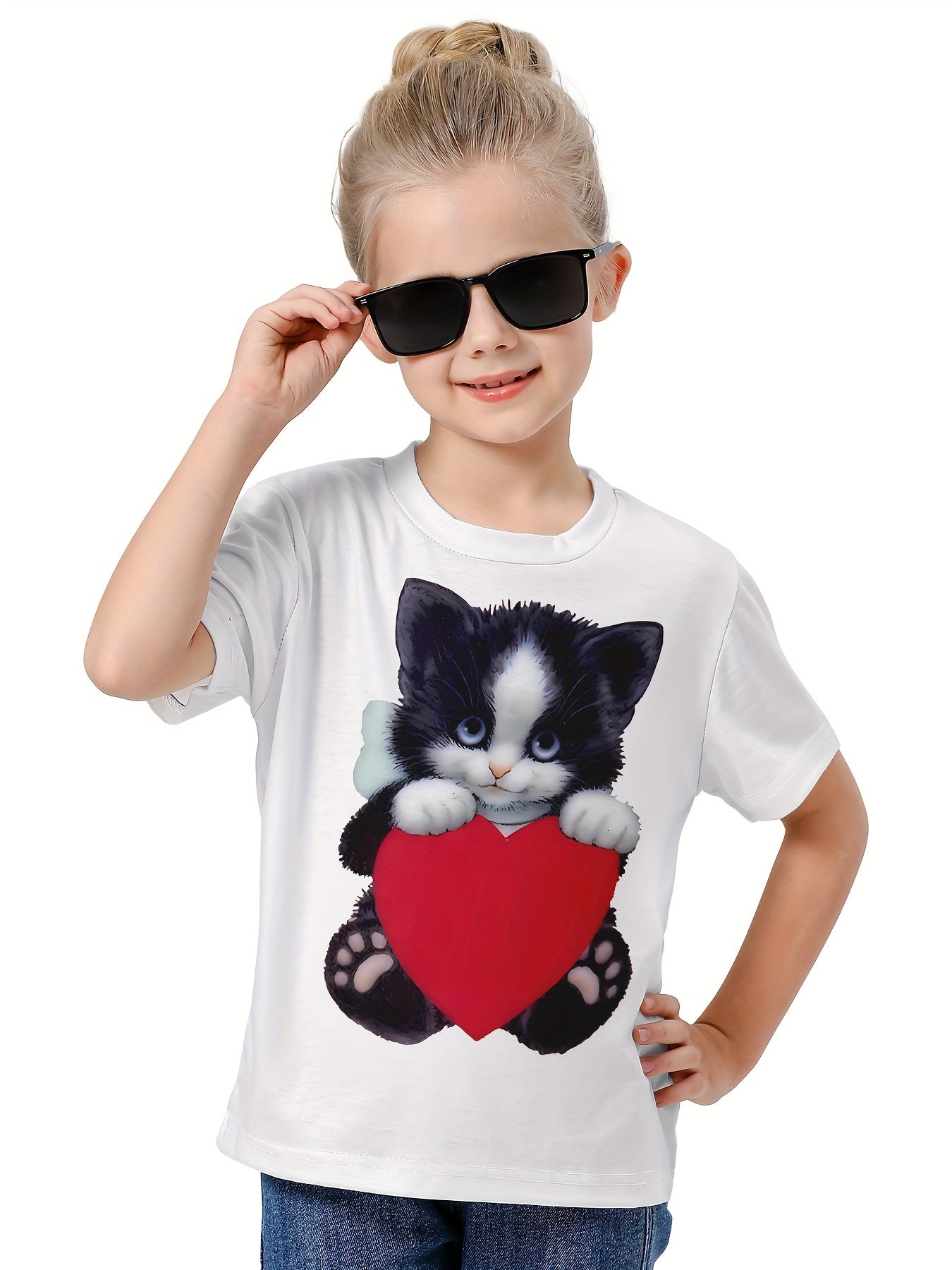 3D Sweet Cat & Heart Graphic Short Sleeve T-shirt Breathable Comfy