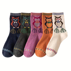 5 Pairs Owl Pattern Crew Socks Warm Mid Tube Women's Stockings