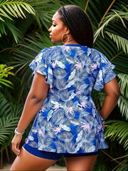 Boho Tankini Set Tropical Print Ruffle Sleeve V Neck Lace Top & Shorts
