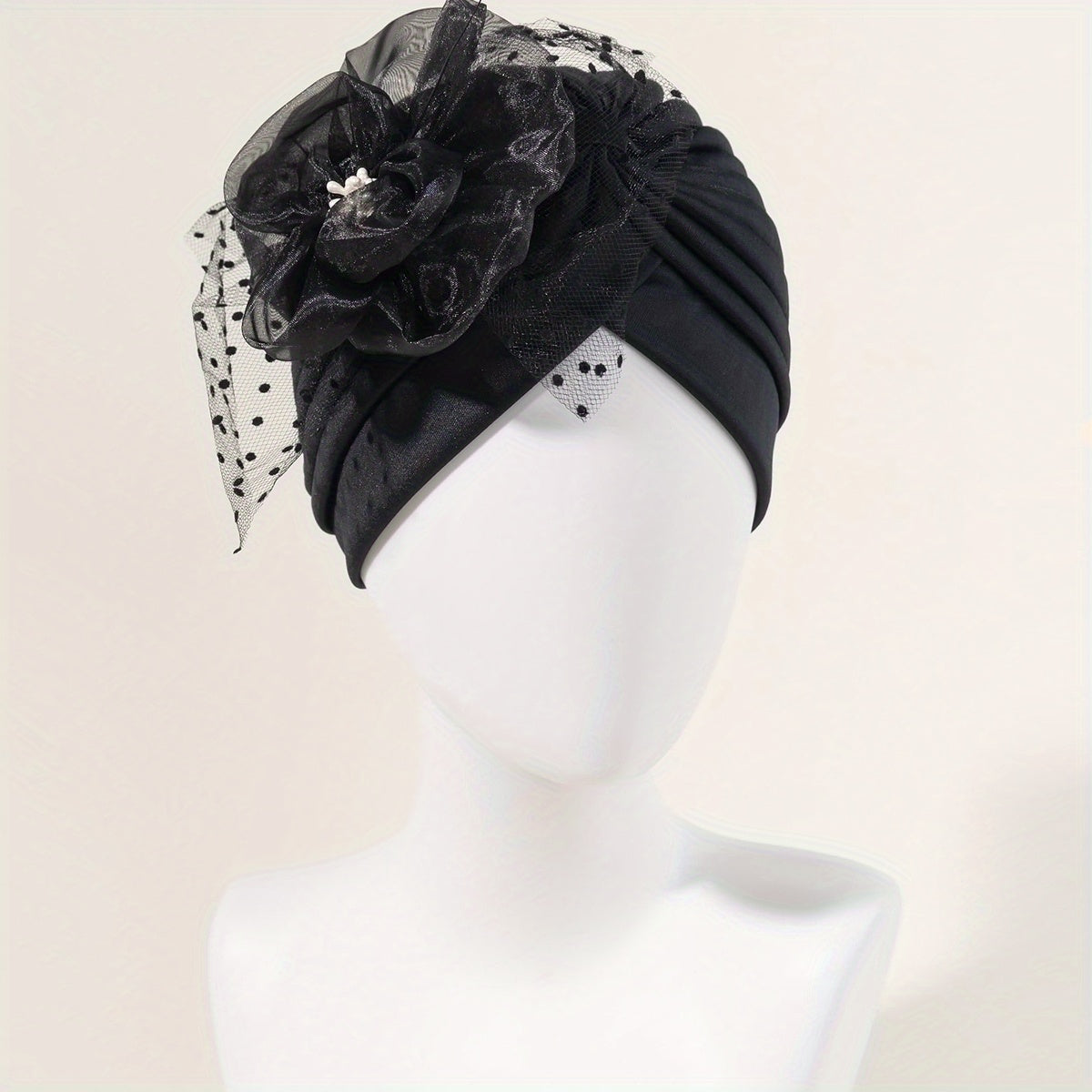 Feather Mesh Flower Turban Cap Solid Head Wrap Elastic Bonnet Chemo Hats