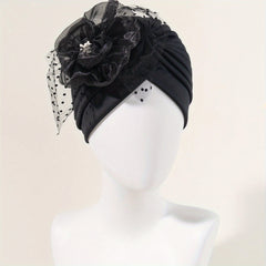 Feather Mesh Flower Turban Cap Solid Head Wrap Elastic Bonnet Chemo Hats