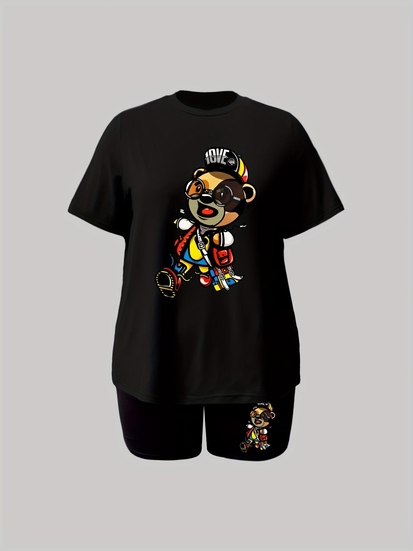 Cartoon Print Short Sleeve Tee & Biker Shorts Set Women's Plus