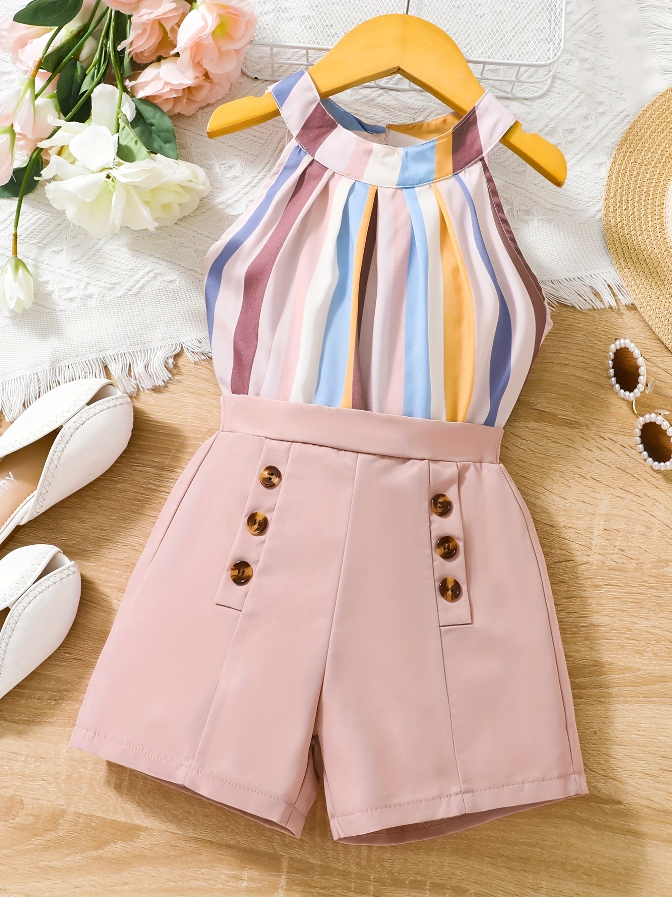 Girls Summer Outfit Stripes Halter Top & Button Shorts Set