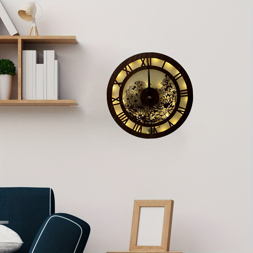 Retro Wooden LED Clock Lamp Flower Shape