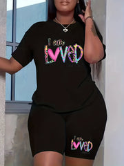 Heart & Slogan Print Top & Shorts Set