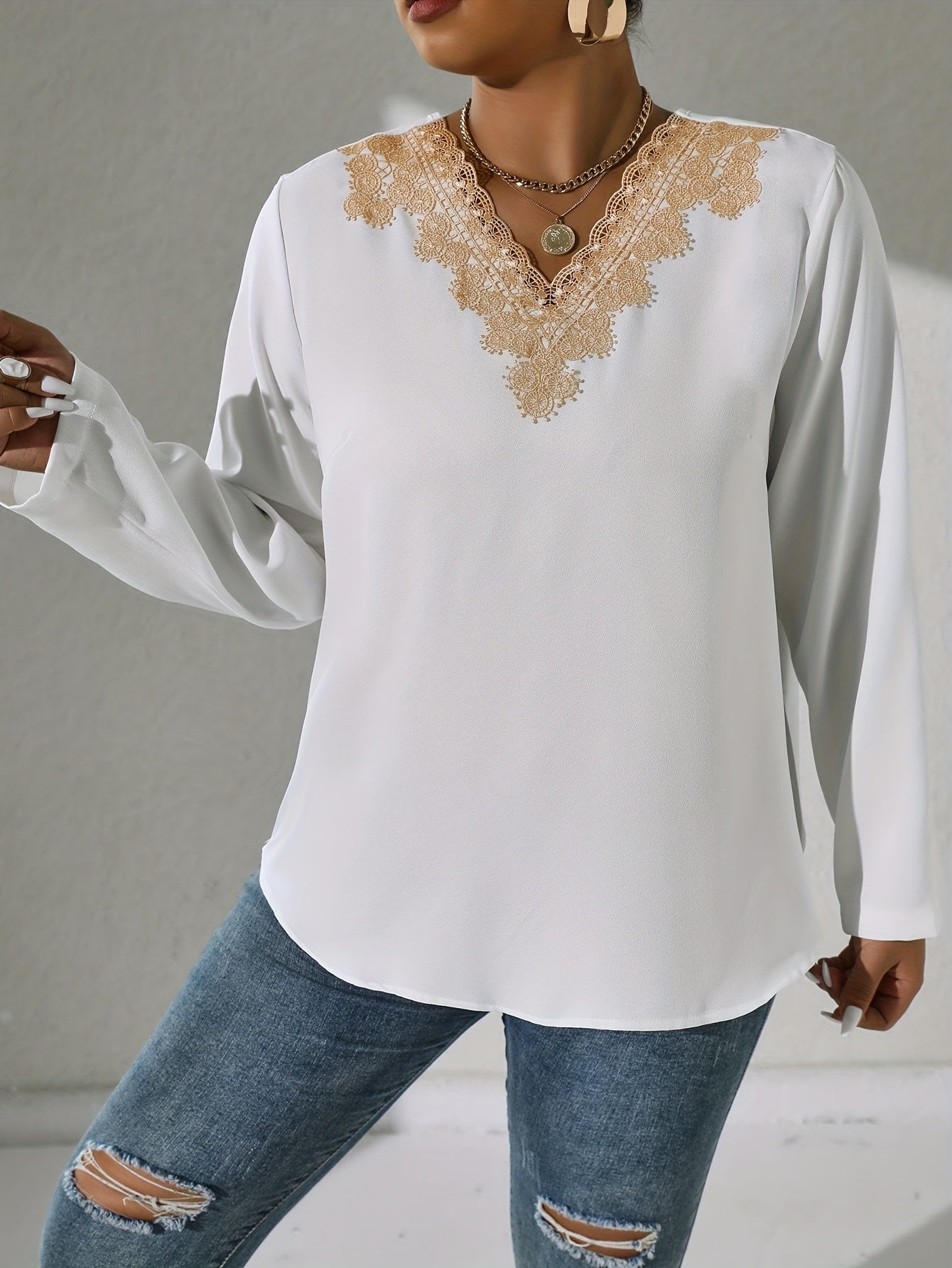 Colorblock Lace V-Neck Top