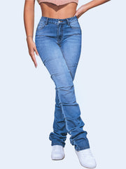 High Waist Solid Stacked Jeans Stretchy Pleat Zipper Button Closure Skinny Denim