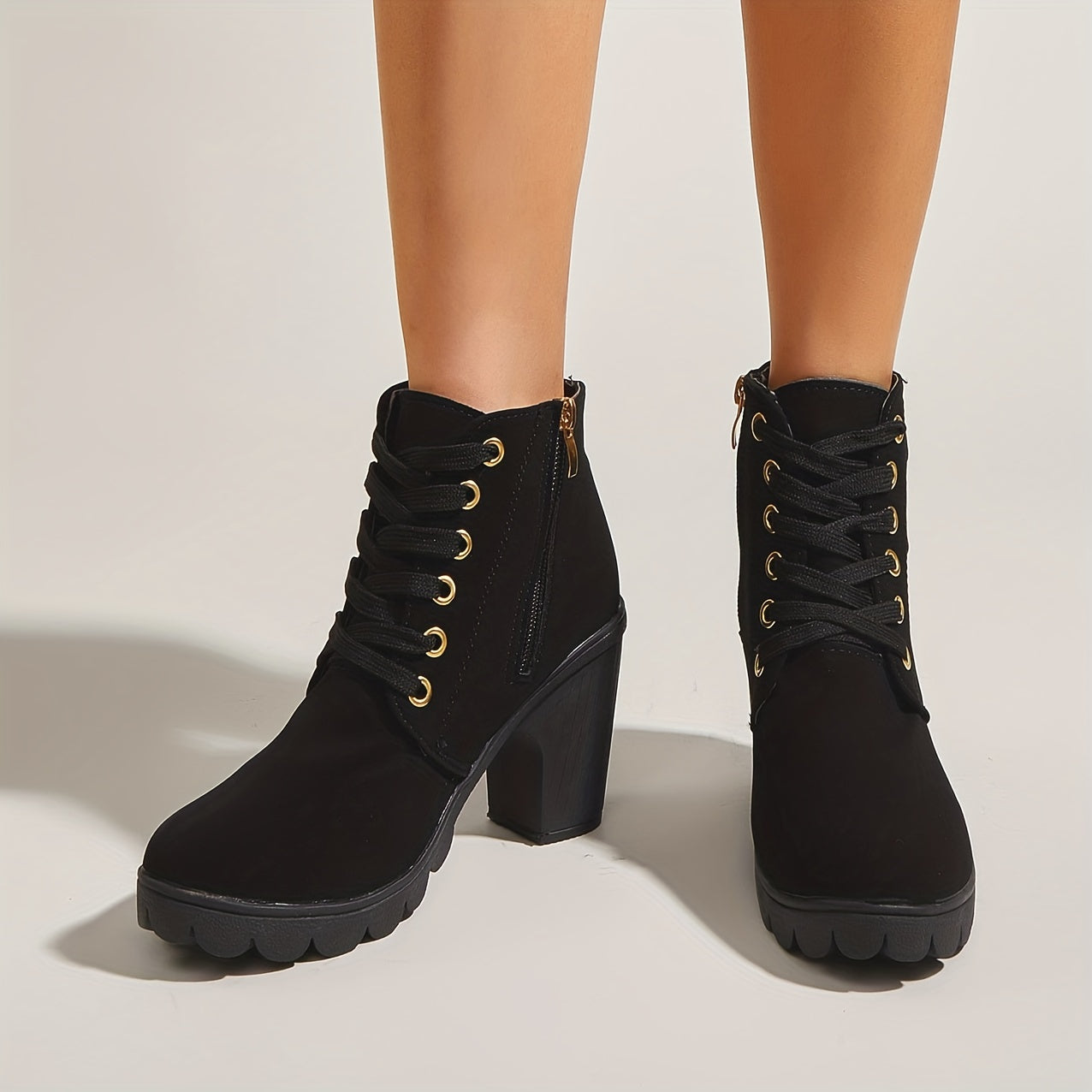 Women's Chunky Heel Short Boots Faux Leather Combat Boots