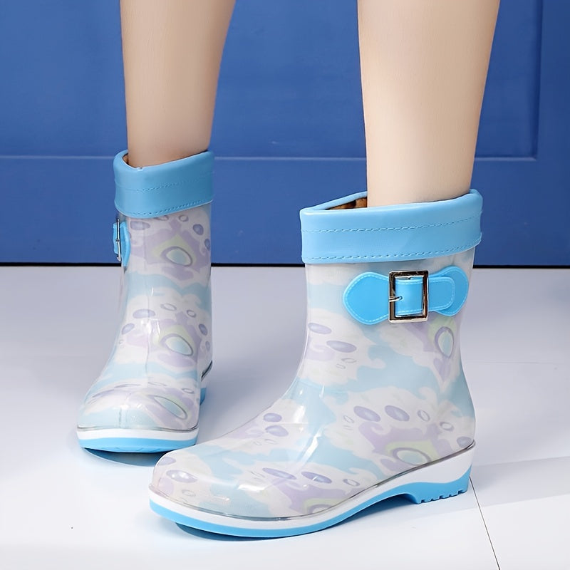 Women's Buckle Strap Short Rain Boots Waterproof Jelly Outdoor Shoes