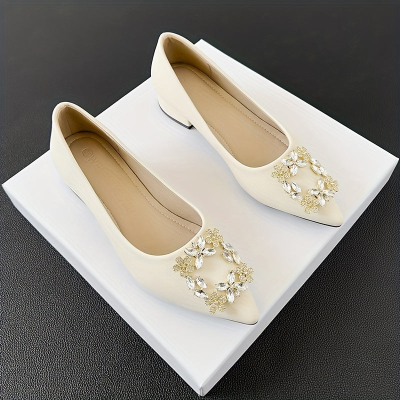 Rhinestone Decor Point Toe Slip On Low Heel Shoes
