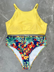 Casual Tankini Set Halter Neck Cami Bra & Floral Print Brief