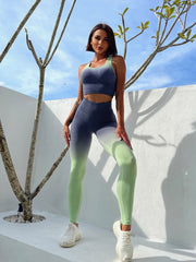 2pcs Ombre Fitness Set Sleeveless Sports Bra & Leggings Women's Activewear