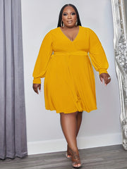 Women's Plus Solid Lantern Sleeve V Neck Flare Dress With Belt