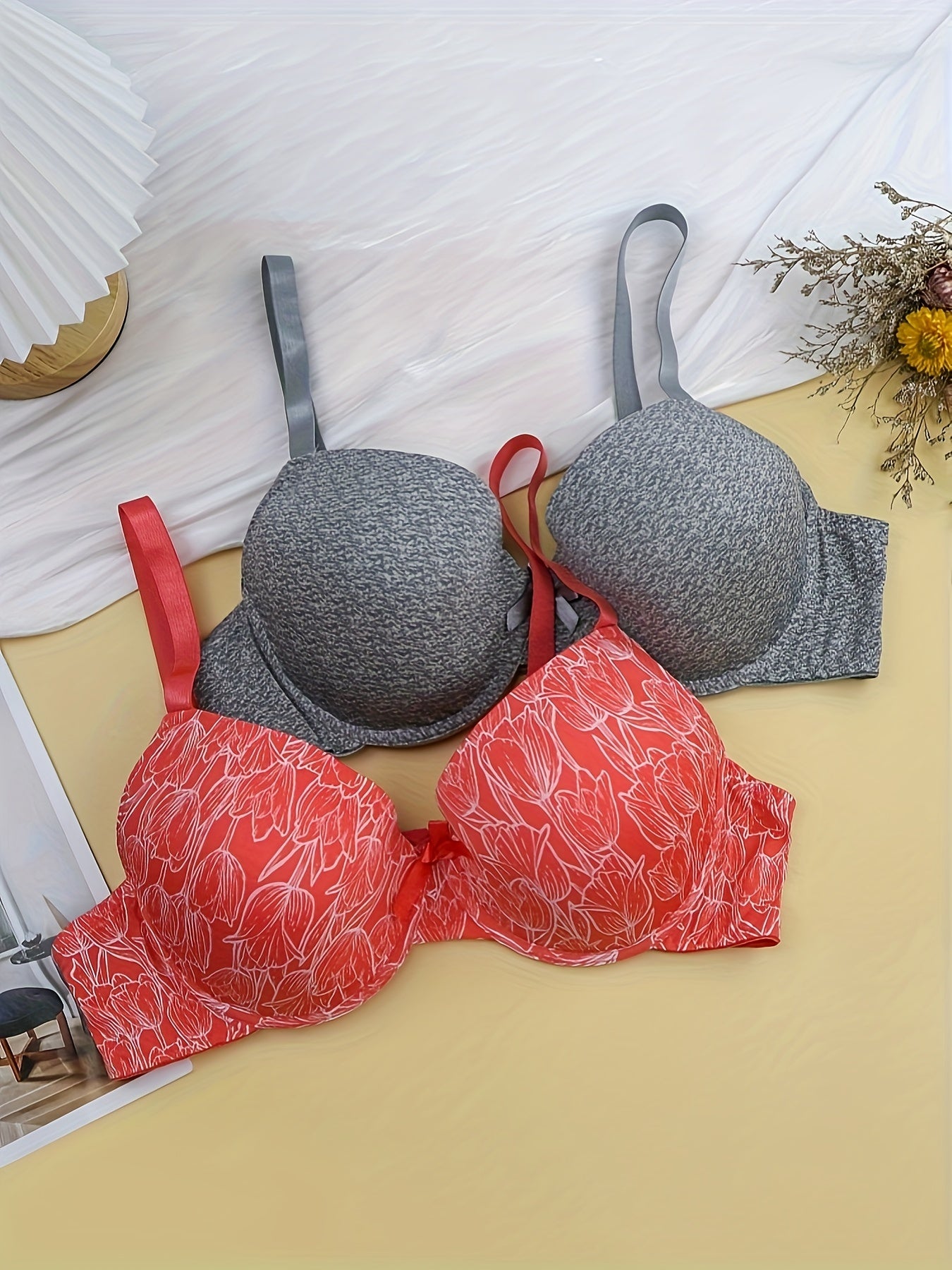 2 Pack Plus Size Bras Set Women's Tulip Print Padded Bras Two Piece Set