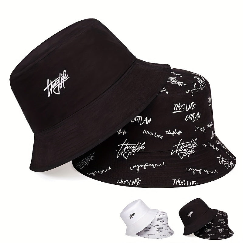 Unisex Sunshade Bucket Hat With Letter Embroidery Double sided Sun Hat