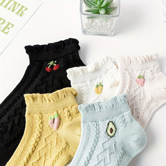 5 Pairs Fruit Print Ruffle Socks for Women