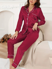 Satin Pajama Set Long Sleeve Top & Elastic Waistband Pants